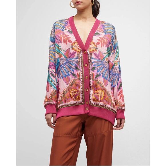 FARM Rio Jackets & Blazers - Farm Rio Pink Macaw Scarf Print Cardigan Button Front Rayon Women's XL